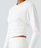 Top de sport yoga court froncé col rond manches longues