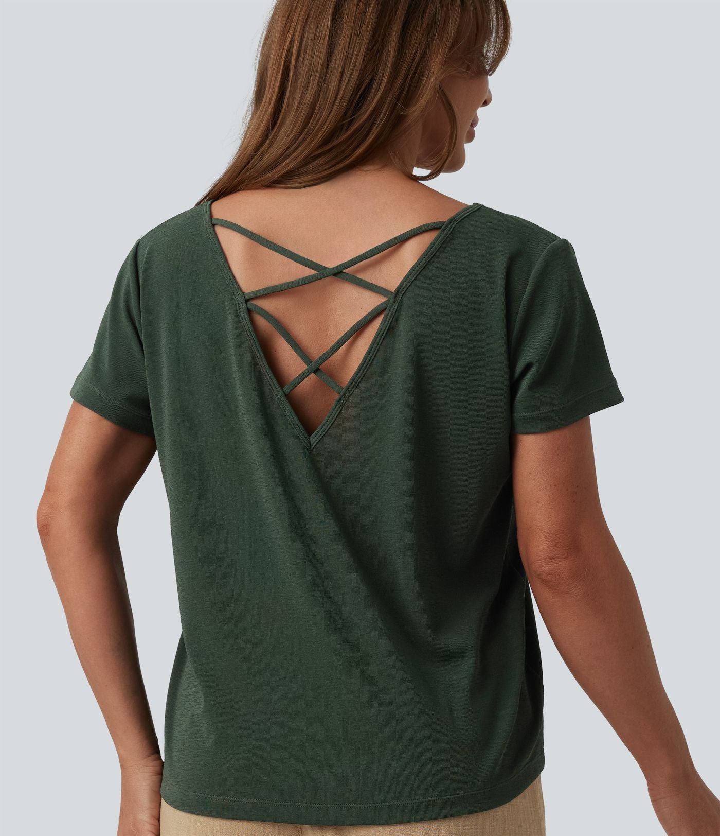 T-shirt casual col V manches chauve-souris dos nu à bretelles croisées