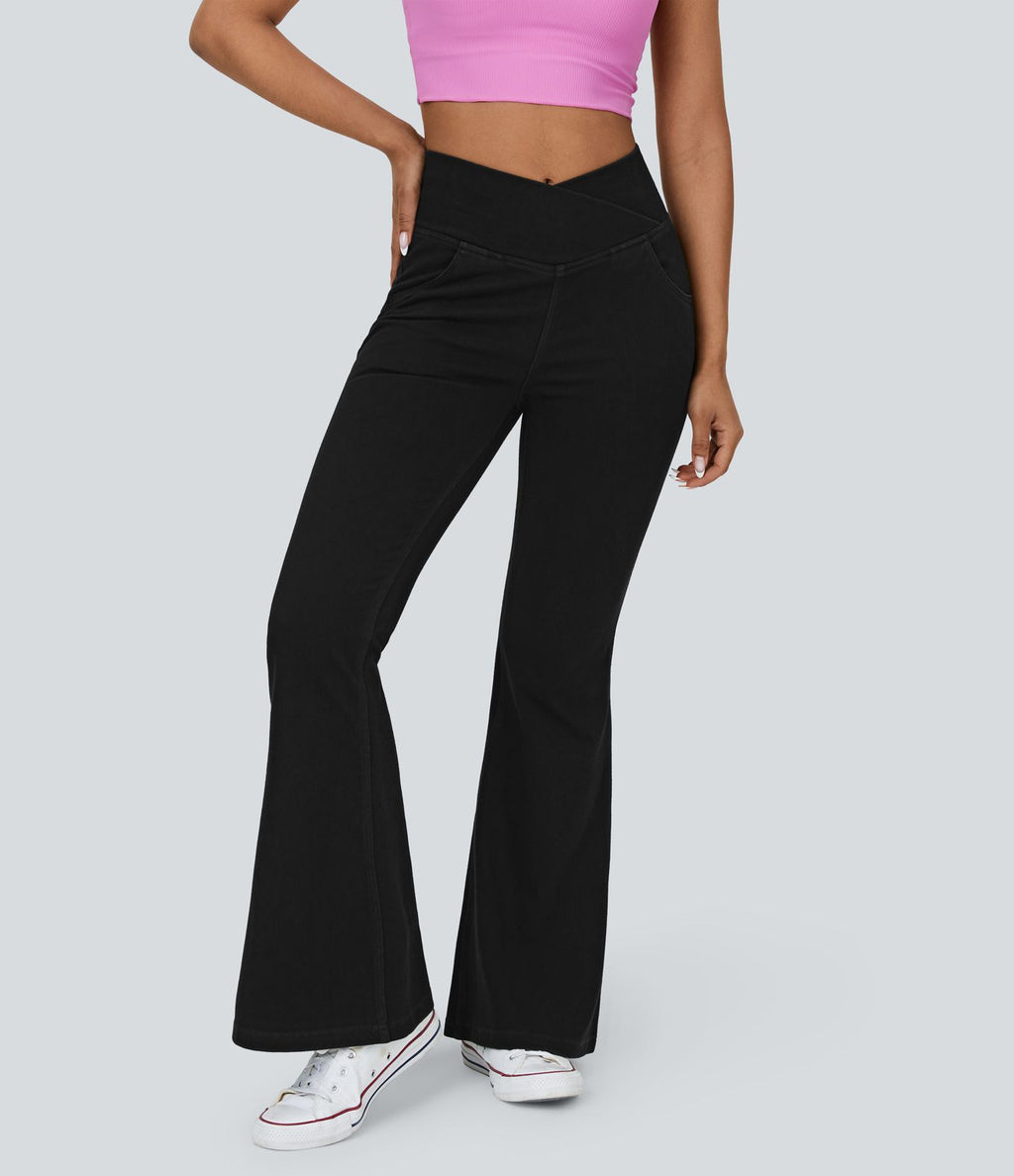 Halara Flex™ - Jean Ultra Evasé Tricot Extensible Lavé Poches Croisées Taille Haute