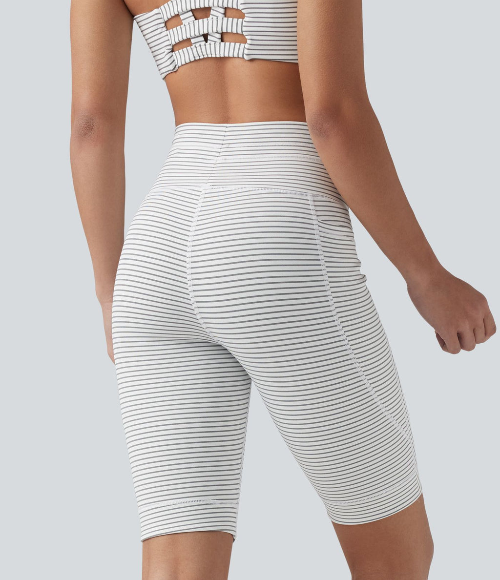 Short cycliste de yoga taille haute à rayures avec cordon de serrage 23 cm et poches