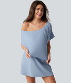 Robe courte décontractée SoftlyZero™ Airy à une épaule manches courtes avec brassière intégrée effet frais InstantCool