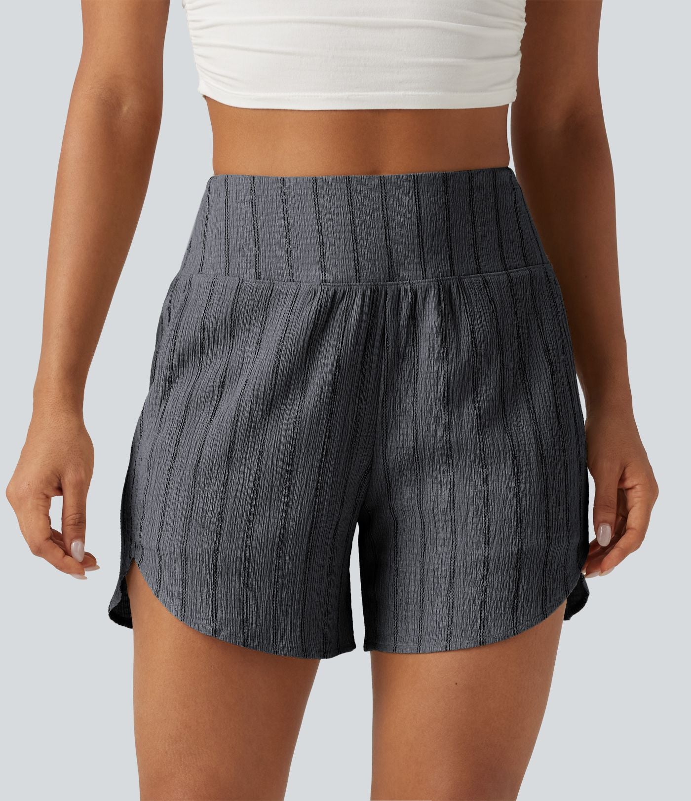 Short casual taille haute ourlet arrondi rayures avec poches
