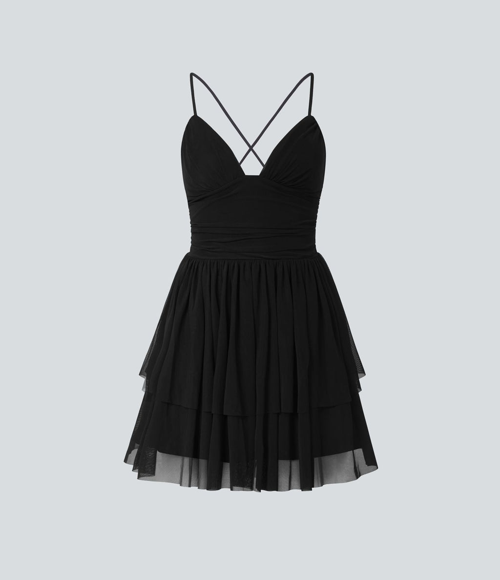 Robe Soirée Mini Superpositions en Maille avec Dos Nu Croisé Lacets