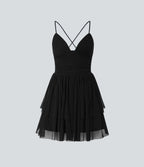 Robe Soirée Mini Superpositions en Maille avec Dos Nu Croisé Lacets