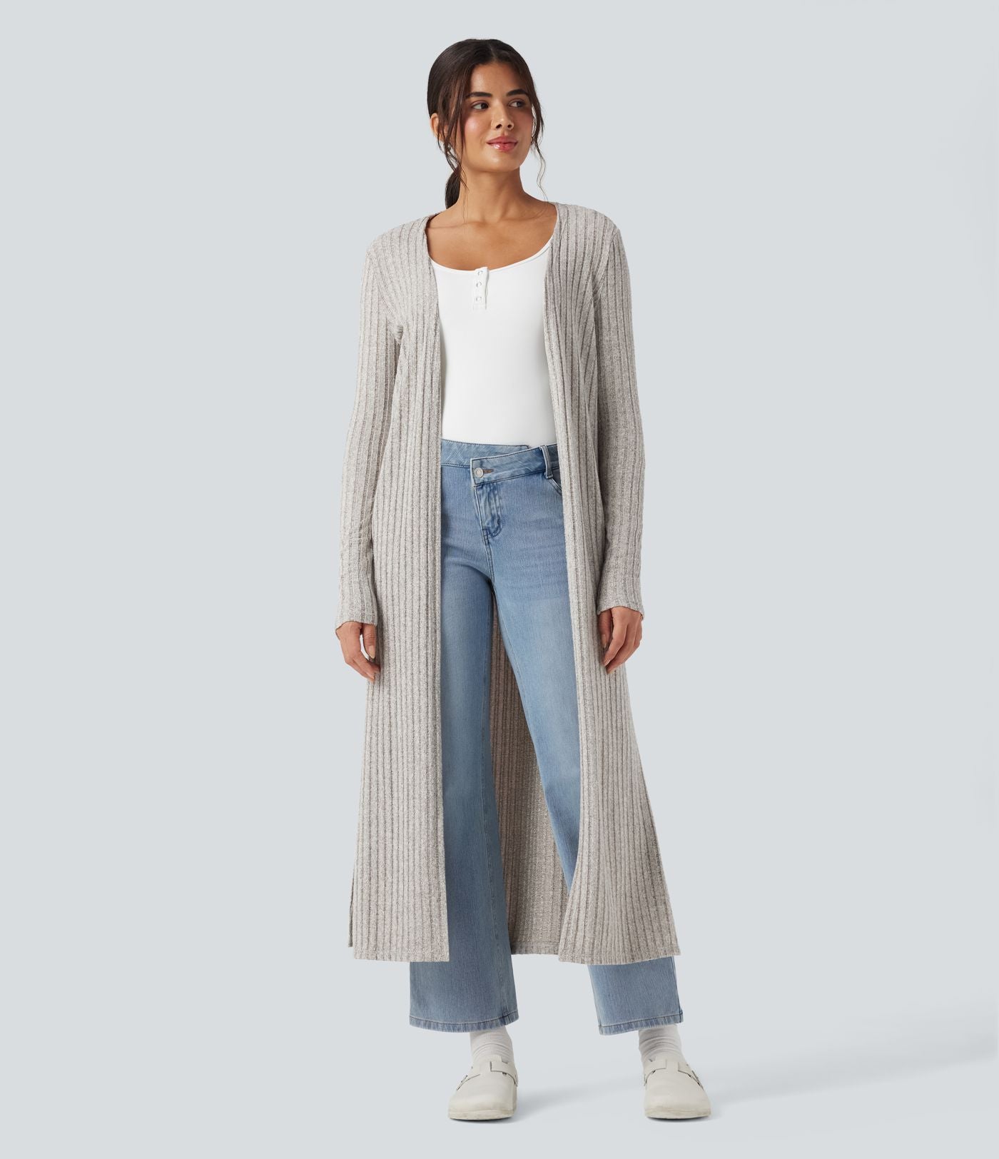 Manteau long décontracté maille côtelée manches longues avec fente