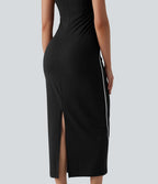 Robe nuisette casual midi côtelée color block à décolleté cœur avec coussinets intégrés non amovibles