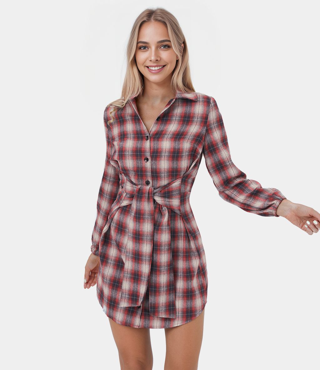 Robe Casual de Mini à Carreaux avec Col Boutons et Nœud à l'Avant
