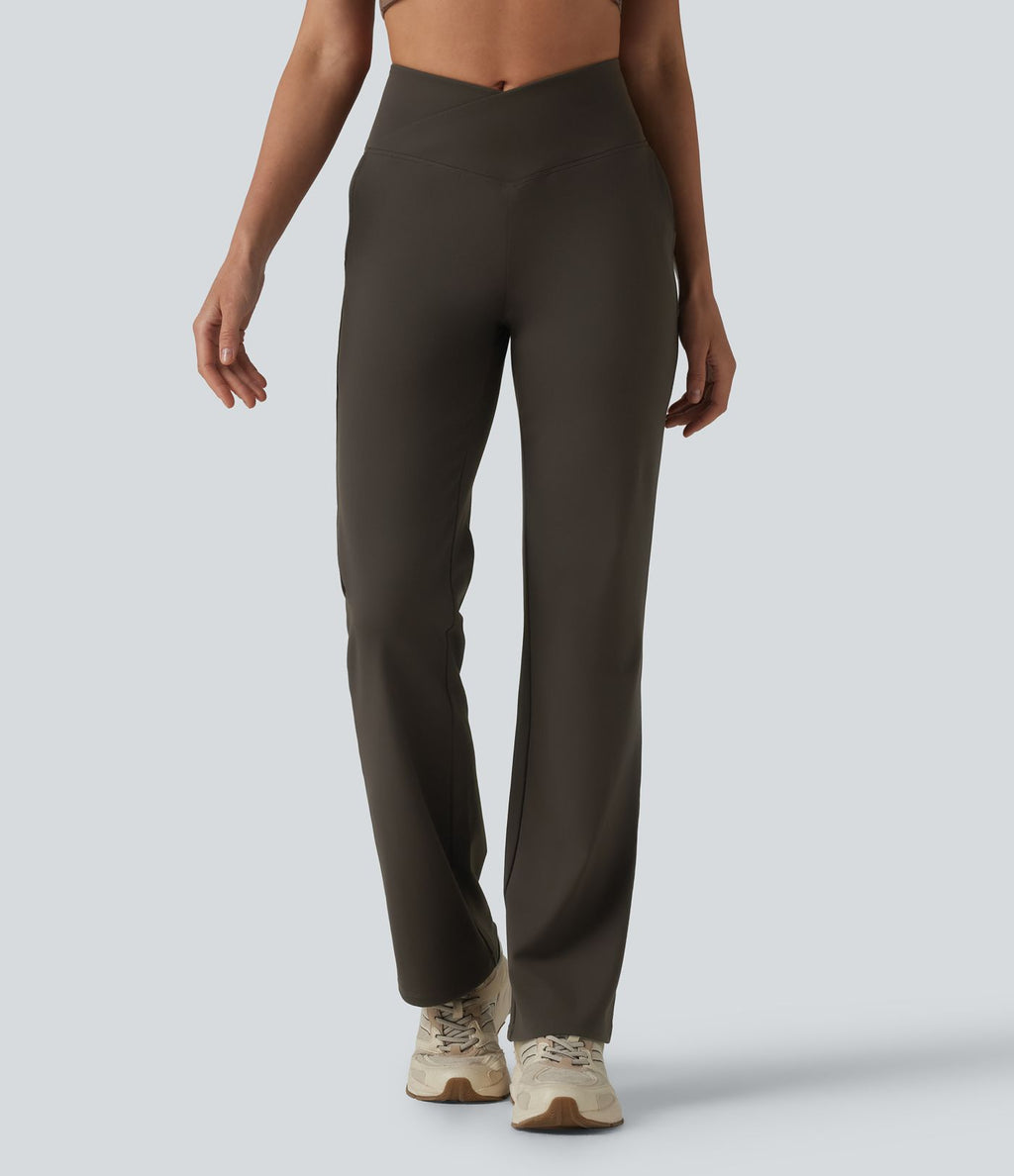 Pantalon bootcut de yoga taille haute croisée avec poches