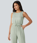 Combinaison casual col rond sans manches avec cordon de serrage, aspect lin et poches