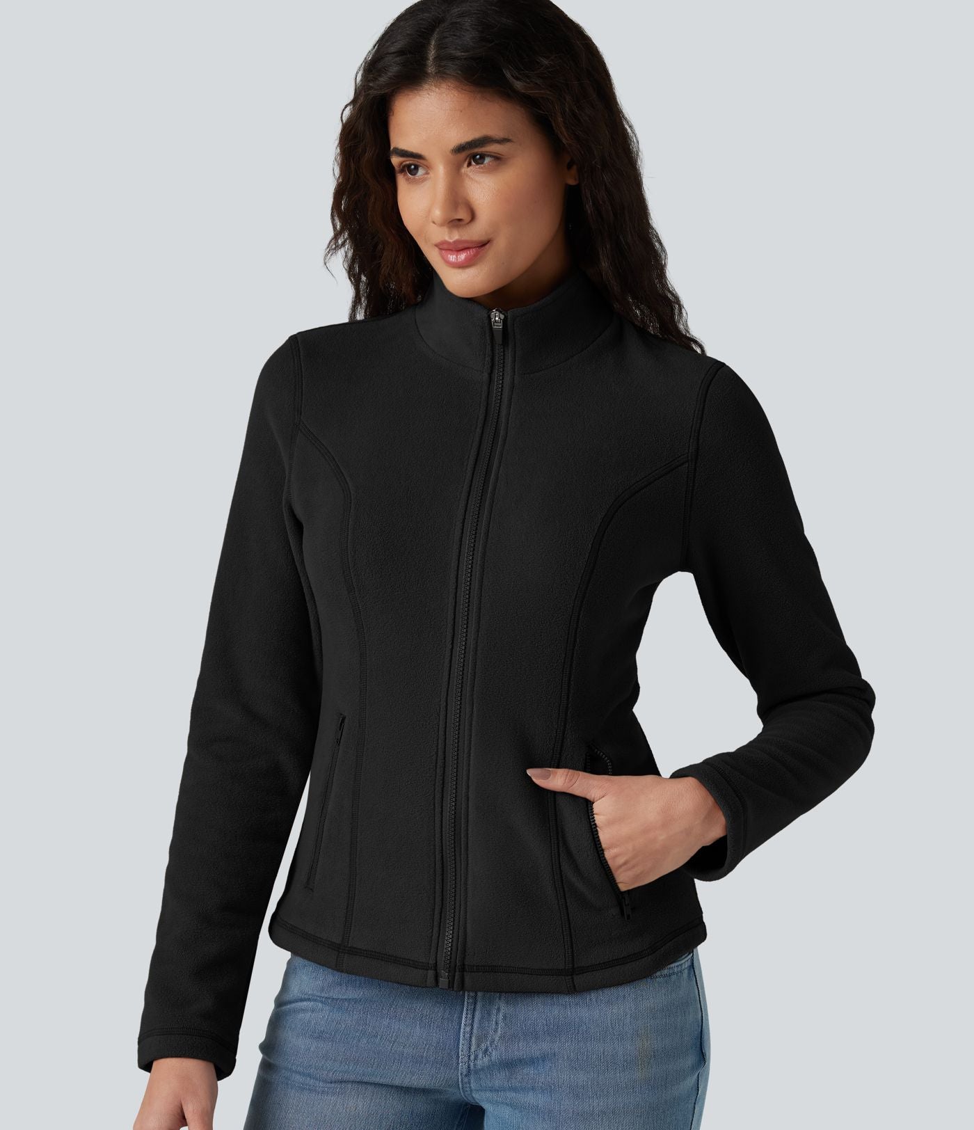 Veste polaire décontractée coupe ajustée à col montant, fermeture zippée et poches
