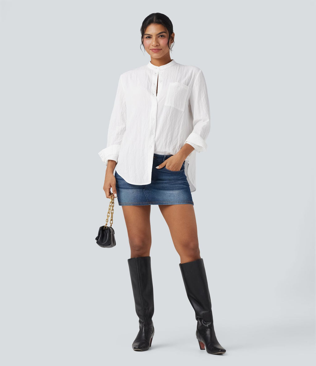 Chemise décontractée manches longues ourlet arrondi avec poche