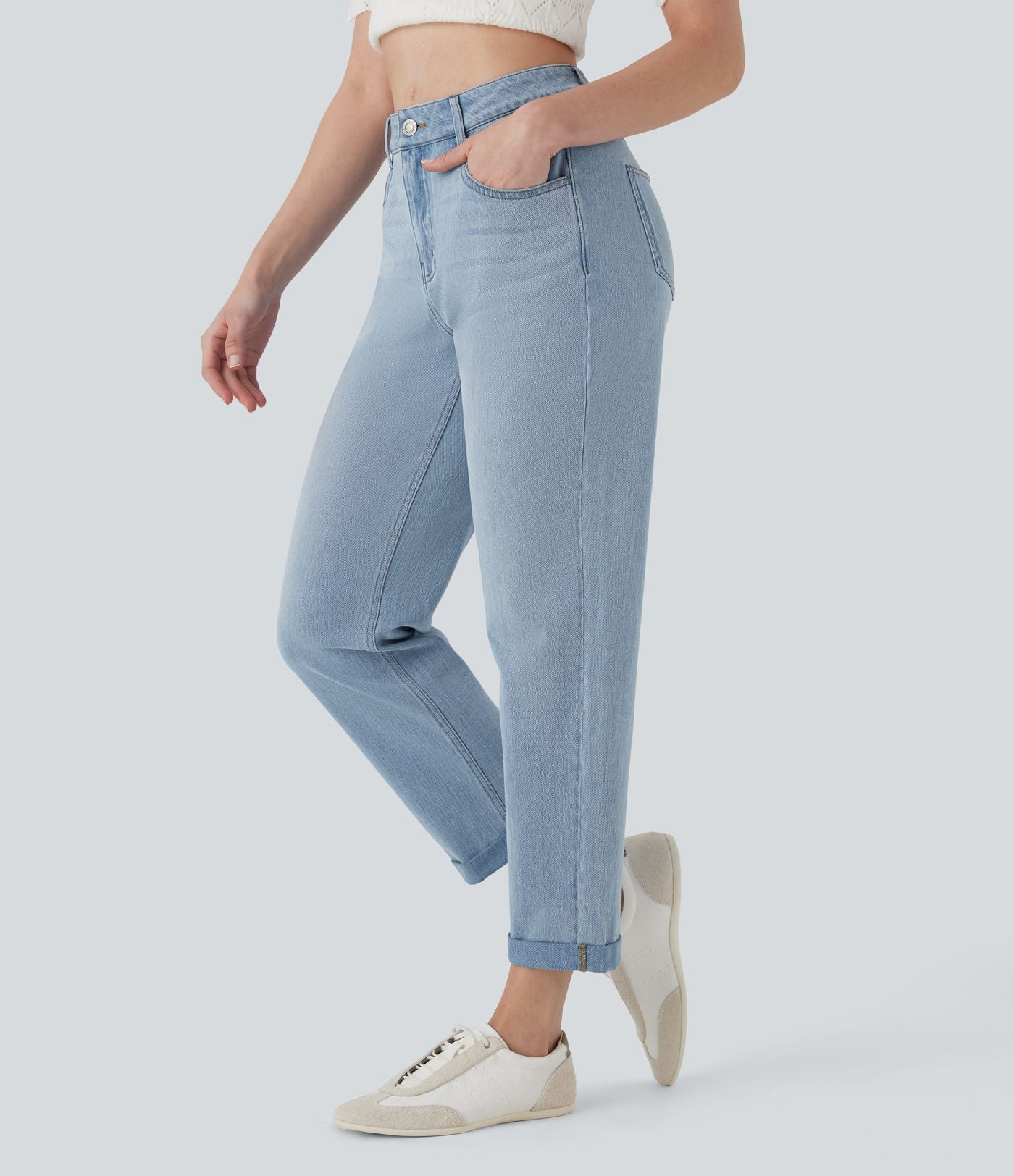 Jean 7/8 décontracté délavé taille mi-haute à jambe droite Halara Flex™ avec poches