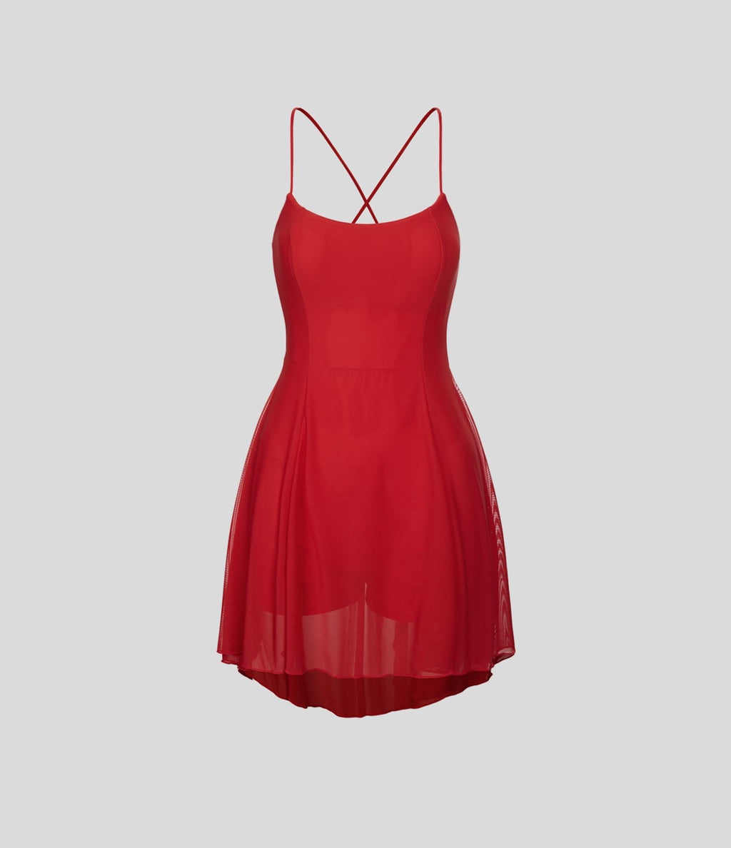 Robe de sport danse mini 2-en-1 laçage asymétrique résille contrastante fluide avec poche A-D