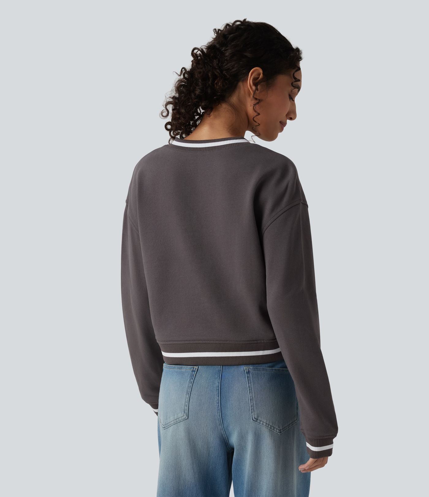 Sweat casual col V manches longues color block en coton