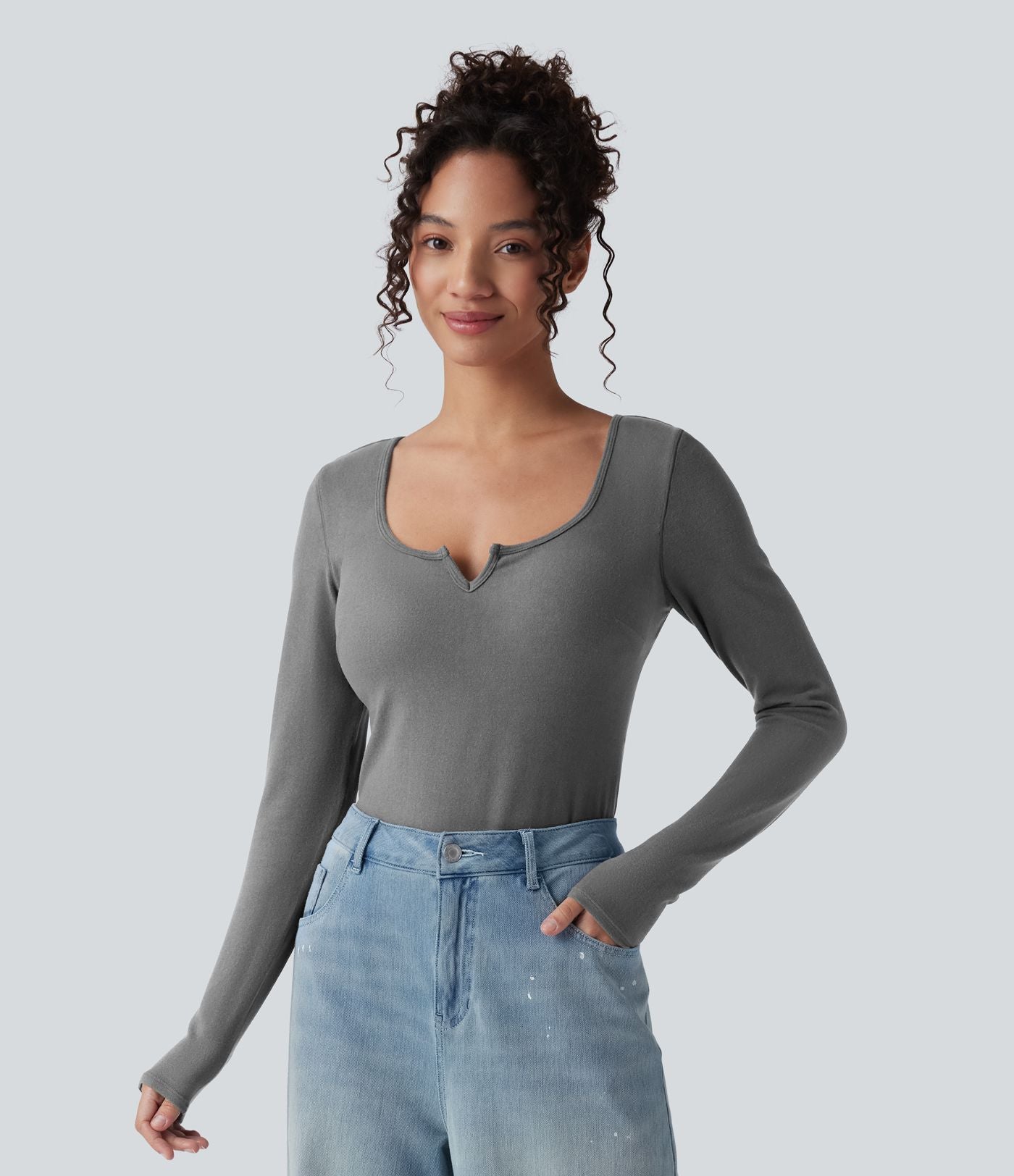 Top casual chaud push-up avec bonnets moulés, col cranté et manches longues - Bonnet A/B