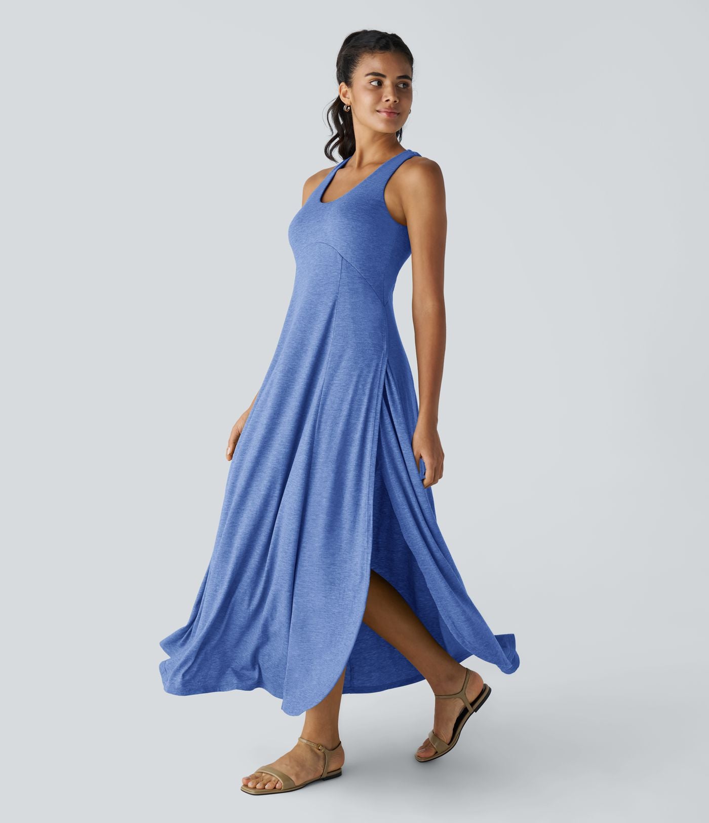 Robe Casual Débardeur Longue Fluide Fendue Dos Nu à Col en U
