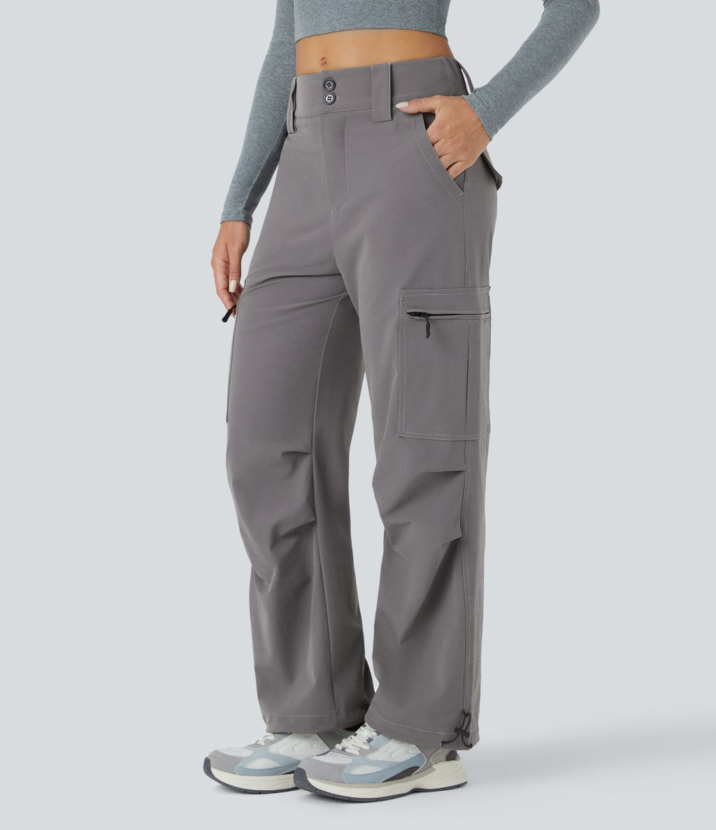 Jogging Casual Cargo Ajustables à Taille Mi-Haute avec Bouton Zip Multiples Poches et Cordon de Serrage