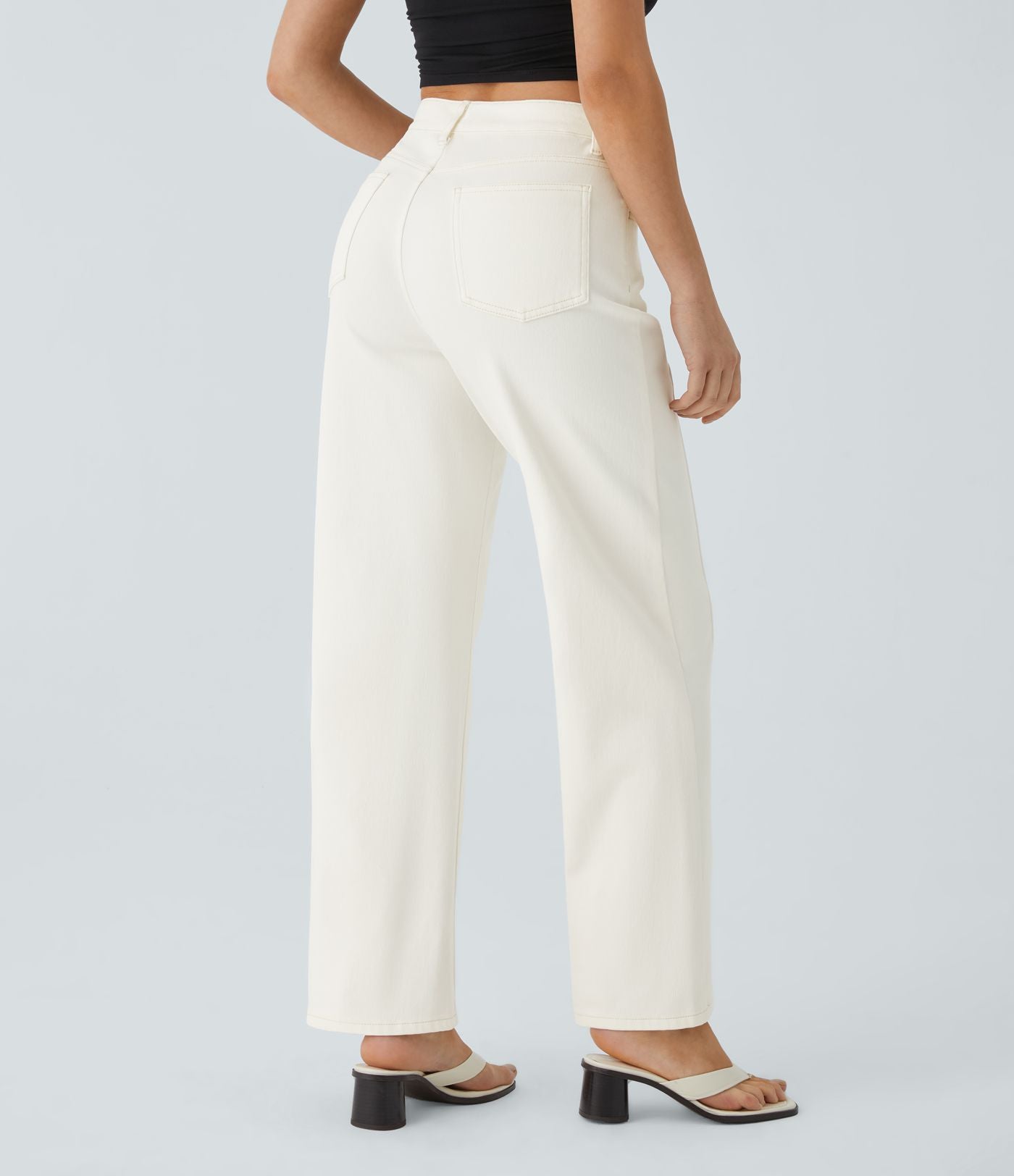 Jean Droit Casual Style Boyfriend Tricot Extensible Droite Taille Haute Avec Boutons Décoratifs Poches Multiples
