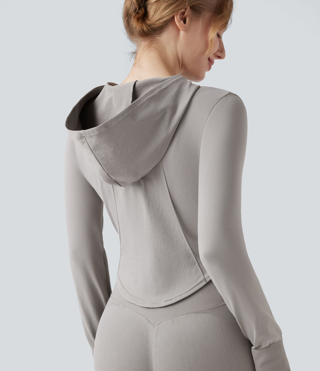 Veste yoga à capuche zippée à manches longues avec passants pouces et ourlet arrondi sans couture OneForm Seamless Flow