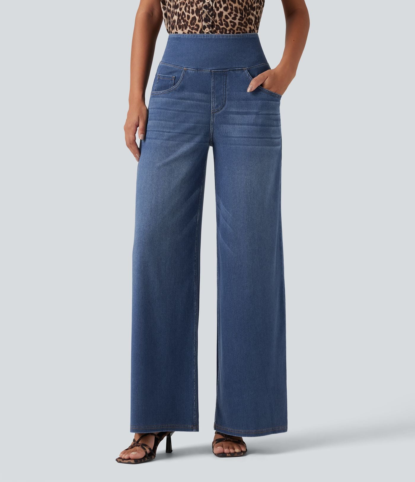 Halara Flex™ Jean large casual taille haute ventre plat, en lyocell drapé effet délavé, avec poches