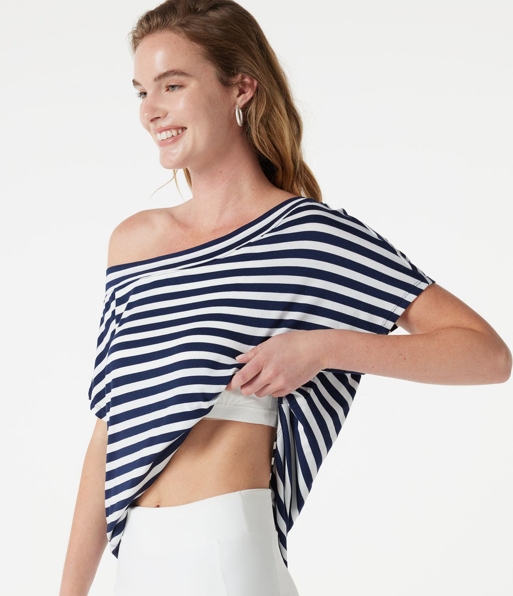 Top casual asymétrique épaule dénudée à rayures, manches courtes, ourlet incurvé et brassière intégrée