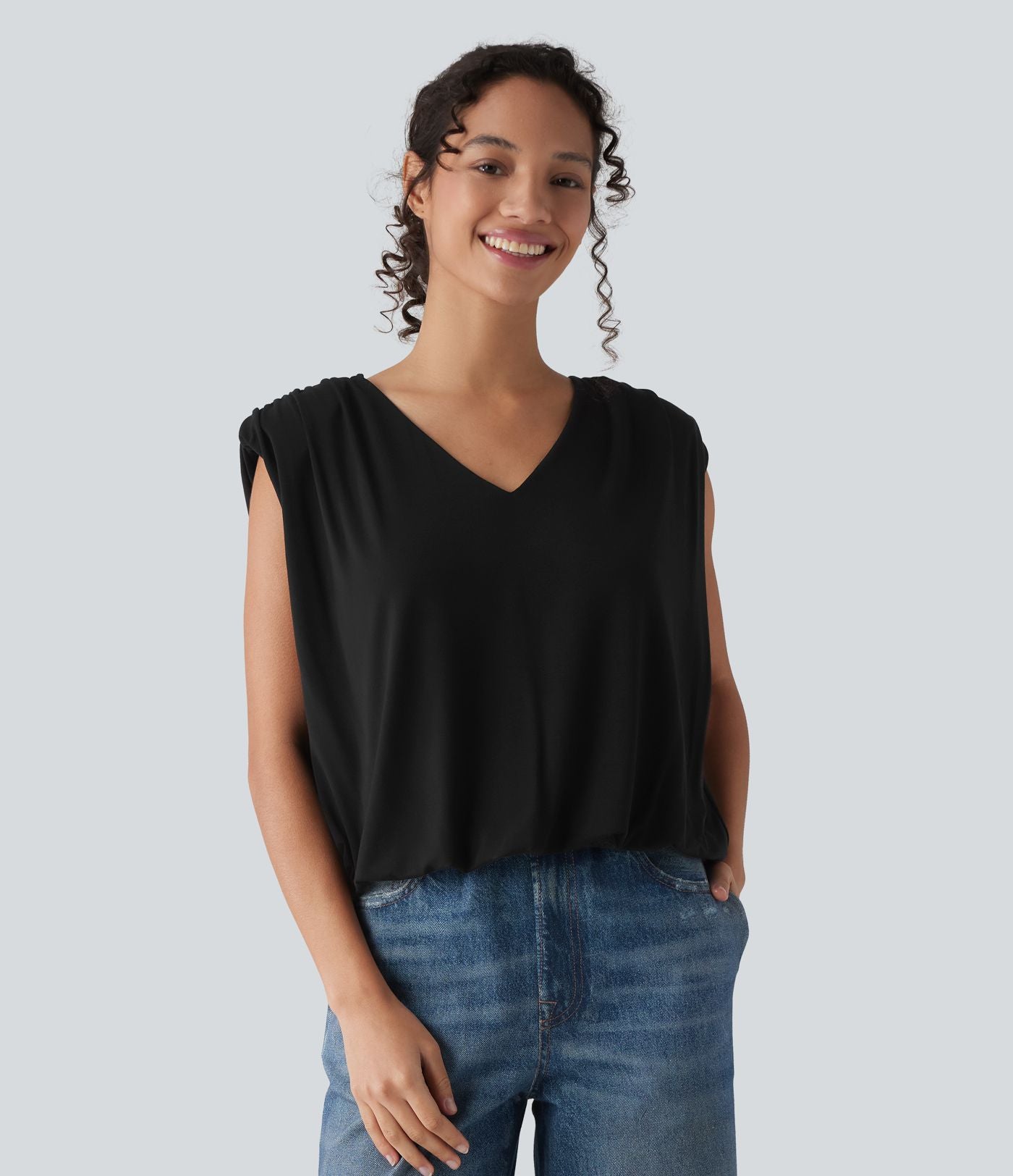 Top casual col V sans manches