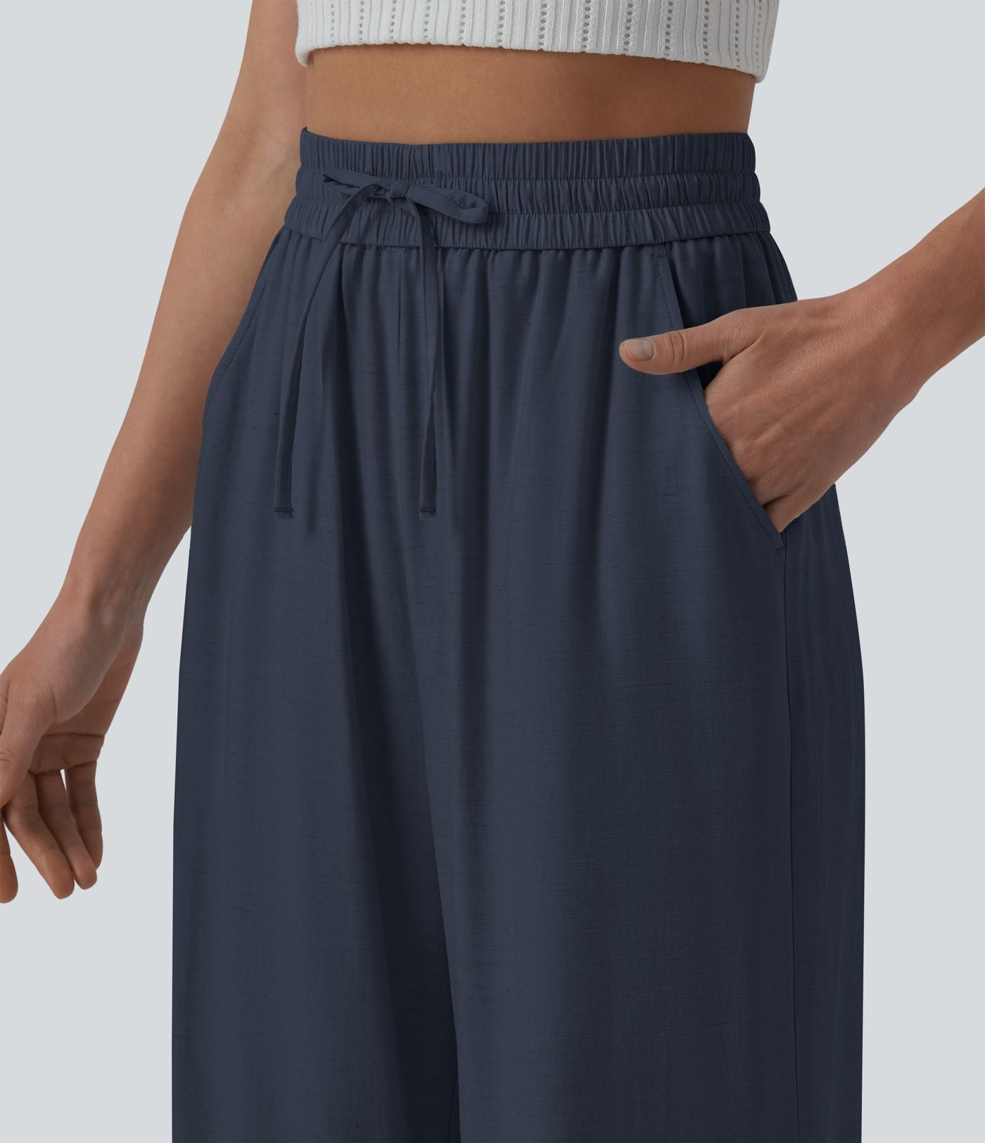 Pantalon casual large fluide mélange lin taille haute avec cordon de serrage et poches