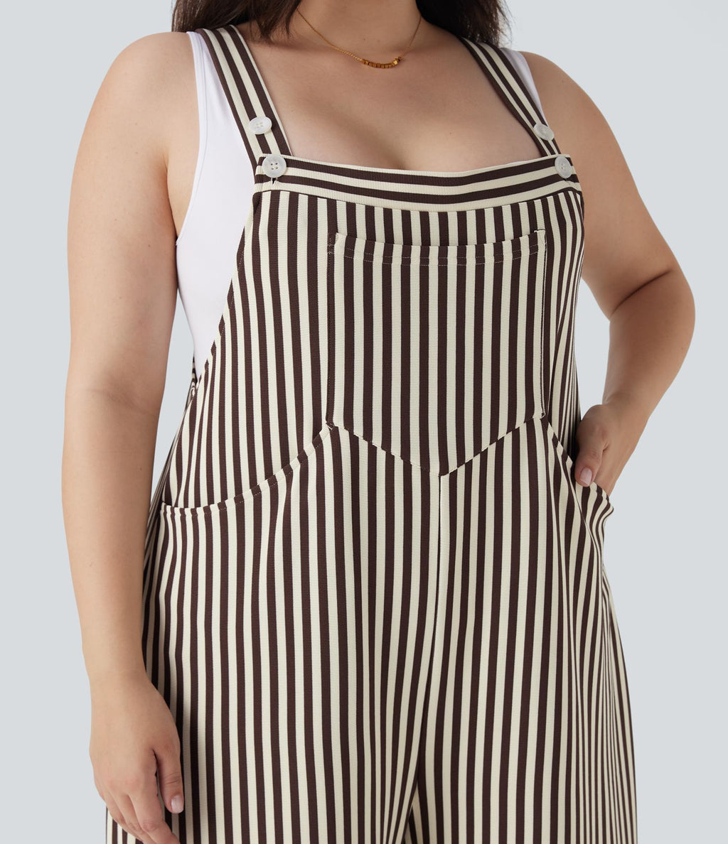 Salopette de séjour grande taille tissu gaufré rayée à bretelles ajustables avec boutons et multiples poches