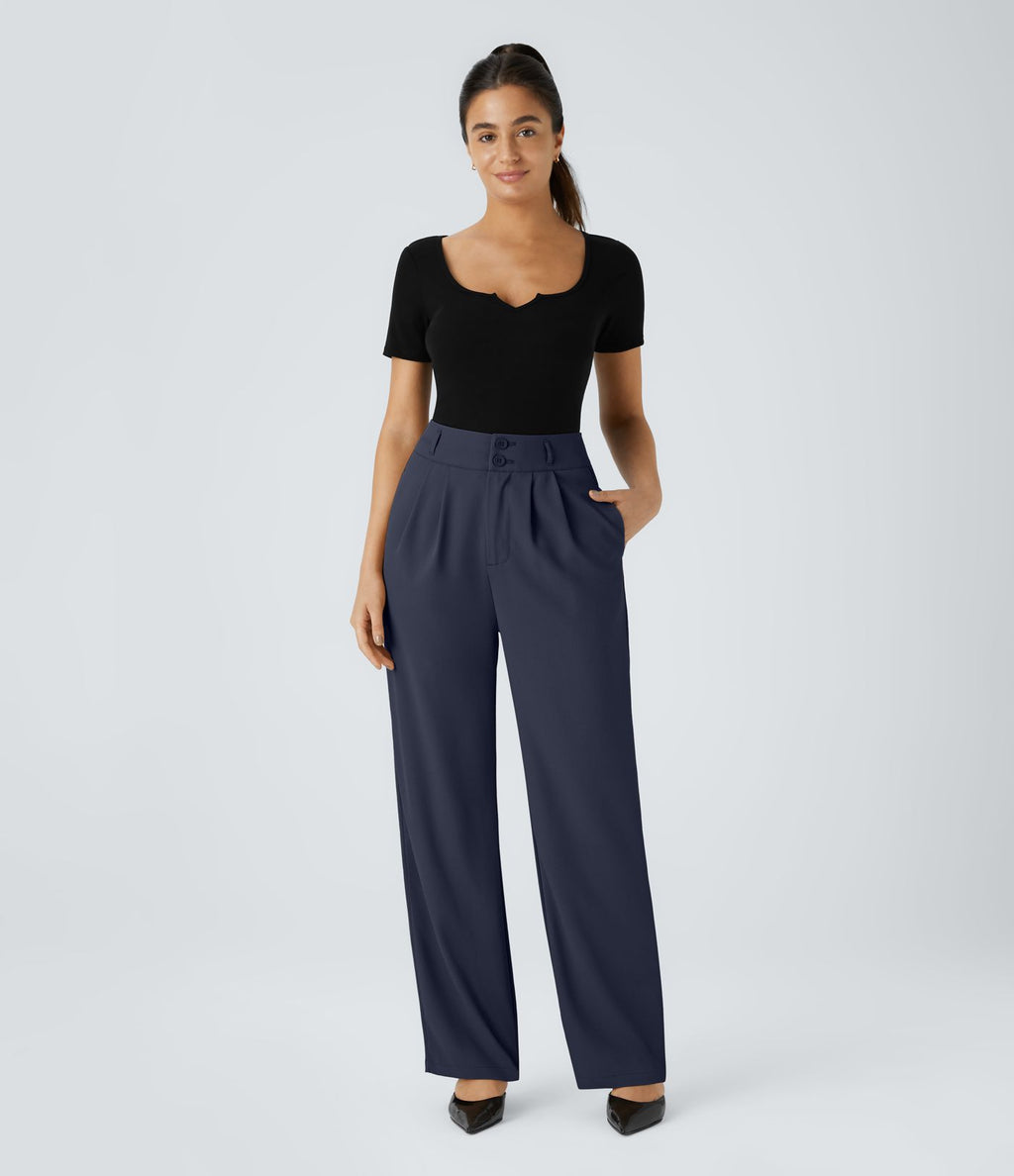 Pantalon de travail Halara Flex™ droit froncé avec poche zippée, taille haute