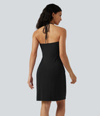 Robe mini de plage à col halter avec brassière intégrée, lien noué au dos et poches