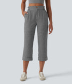 Pantalon 7/8 décontracté aspect lin à carreaux taille haute avec poches