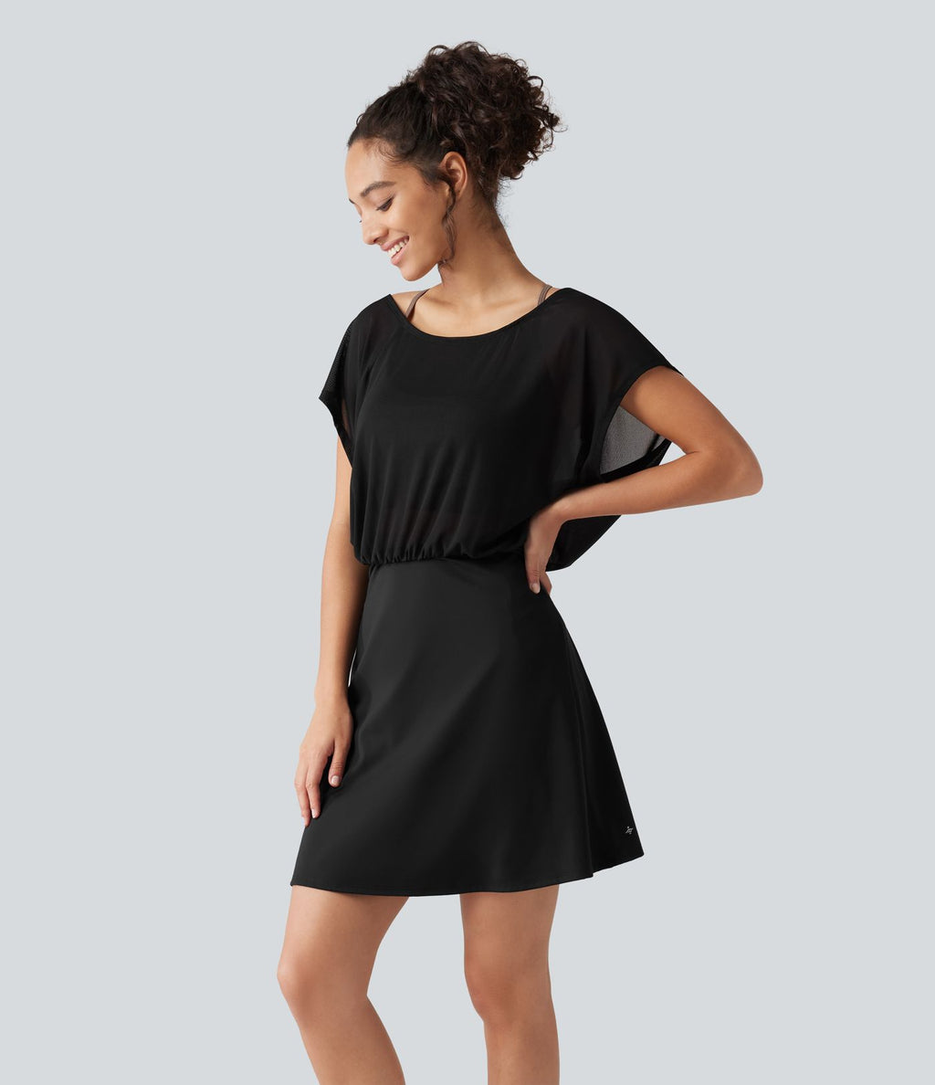 Robe-short mini SoftlyZero™ Plush pour le yoga à encolure bateau, manches courtes et poches - Easy Peasy