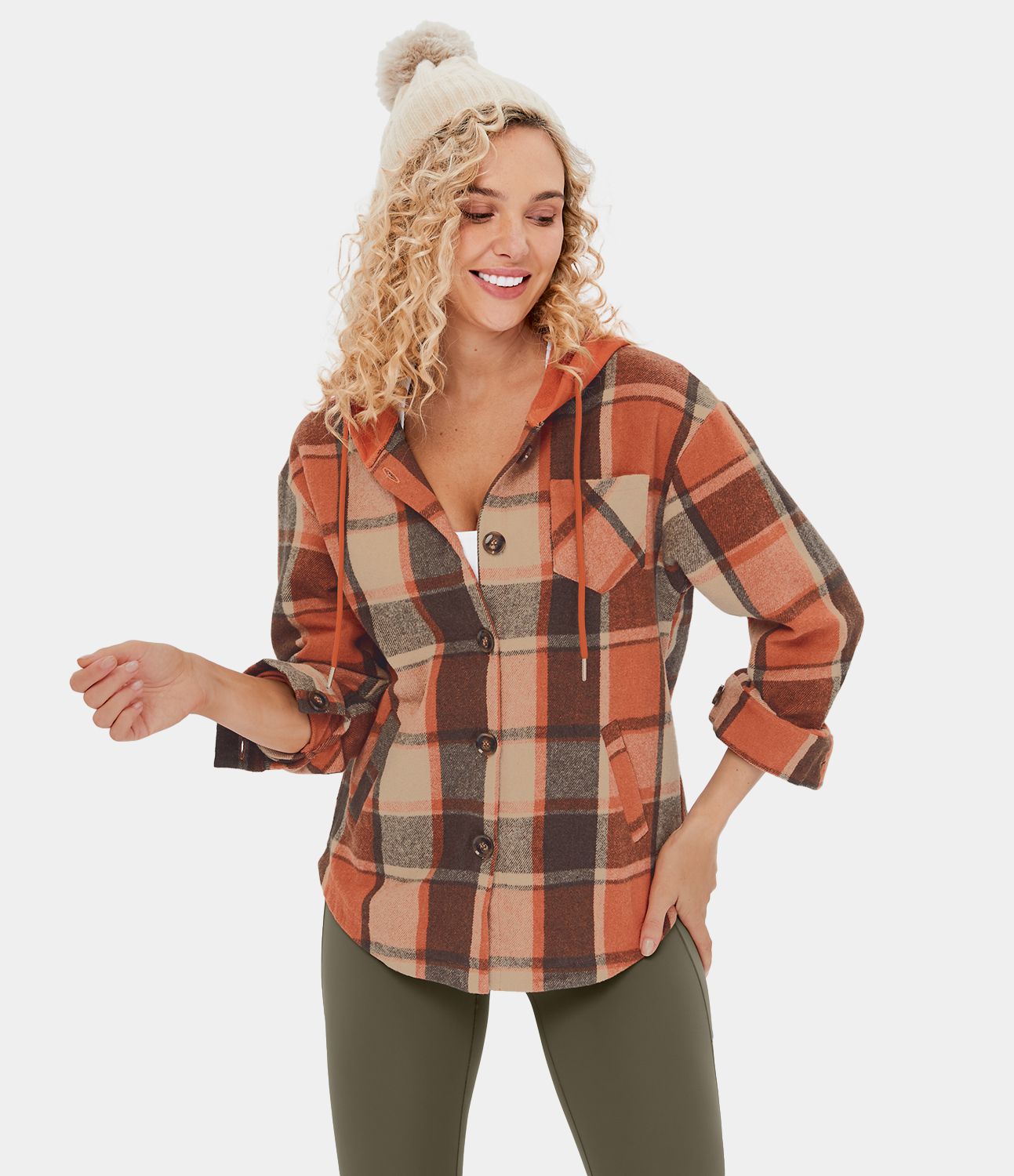 Veste de Casual à Carreaux en Polaire à Capuche avec Cordon de Serrage Boutons et Poches Latérales