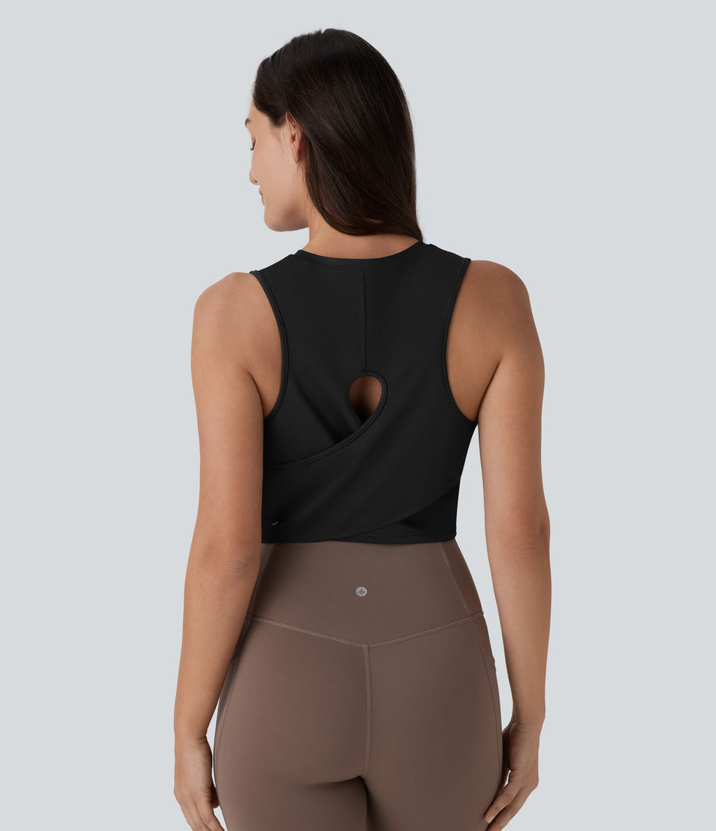 Débardeur Court de Yoga Uni à Ourlet Croisé avec Découpes