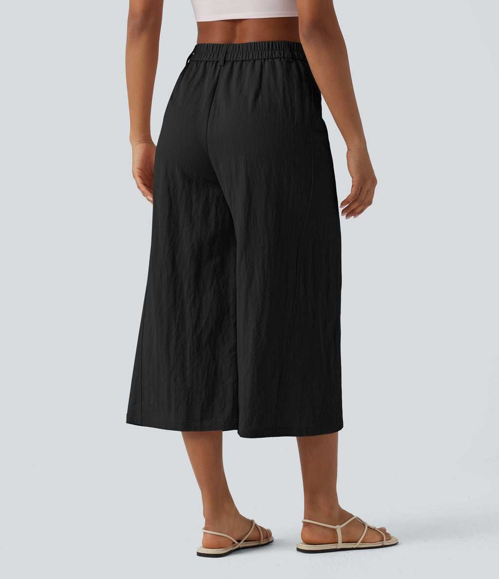 Pantalon large décontracté court taille haute avec poches