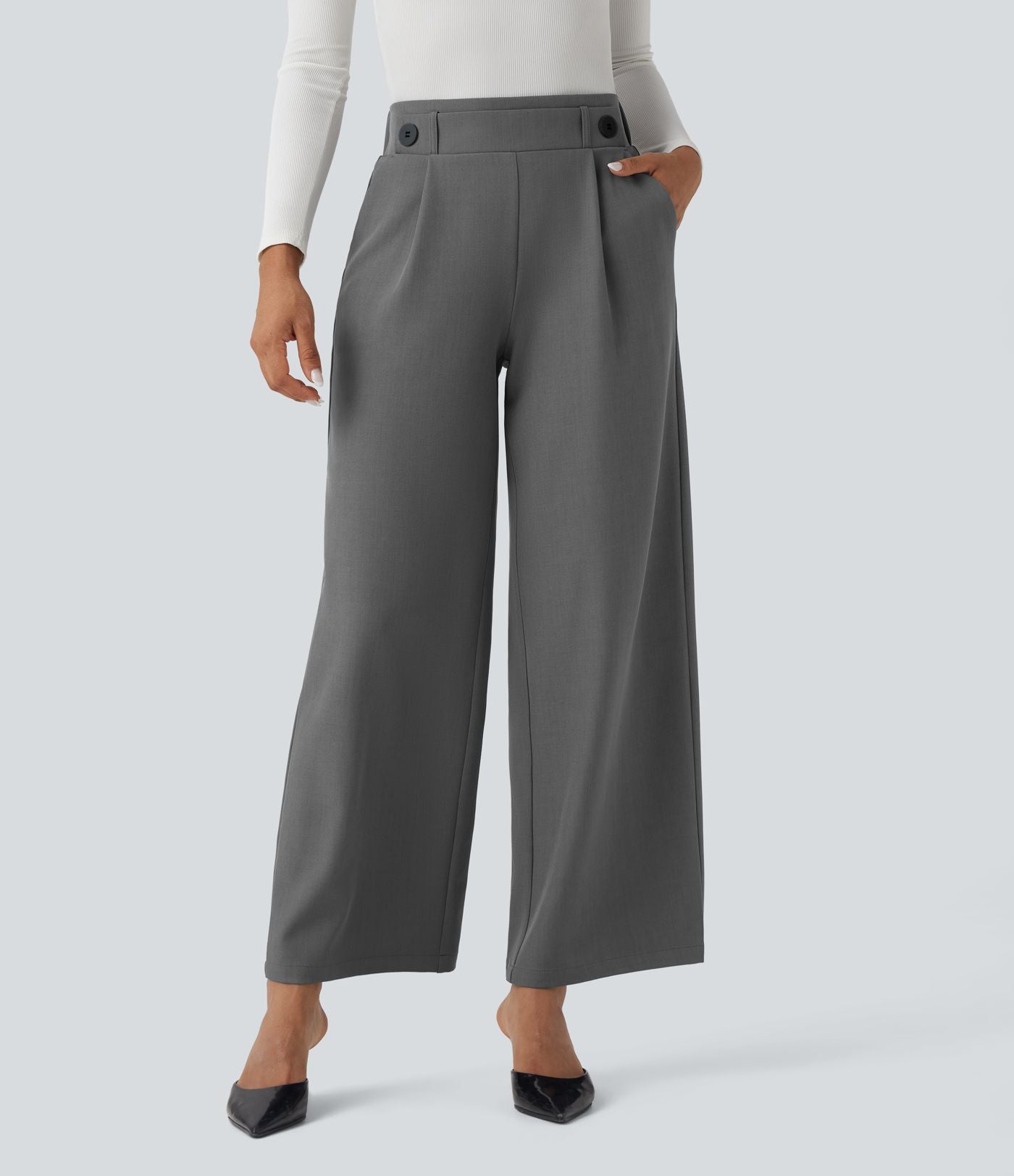 Pantalon travail taille mid-rise jambe large avec poches