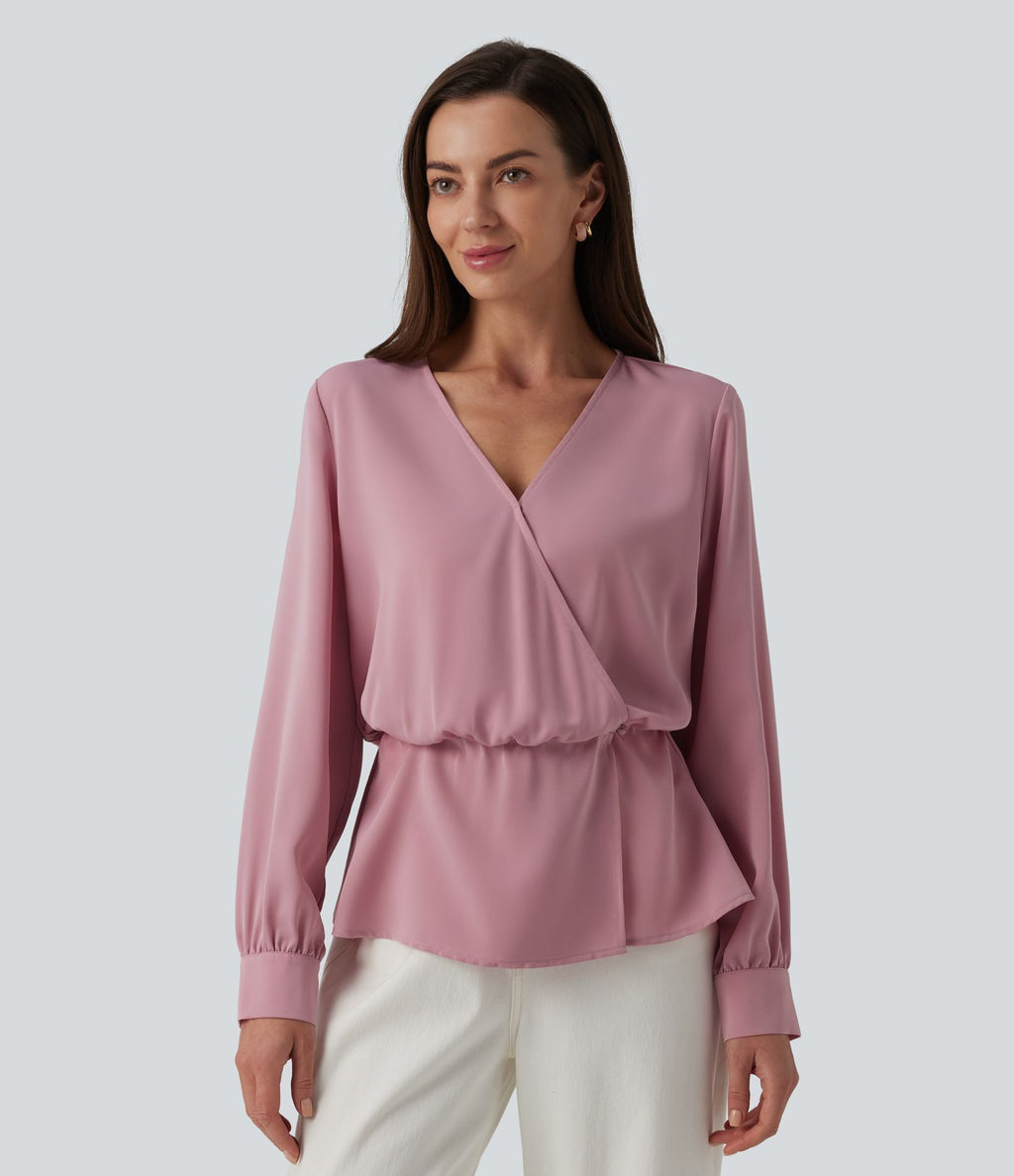 Blouse esprit bureau défroissage facile, col V cache-cœur avec boutons-pression, manches longues et coupe ample