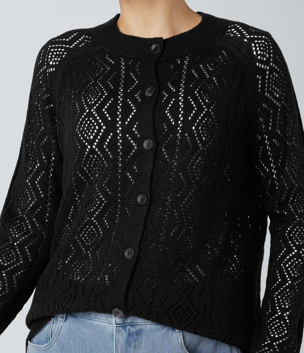 Cardigan ajouré col rond manches longues avec boutons