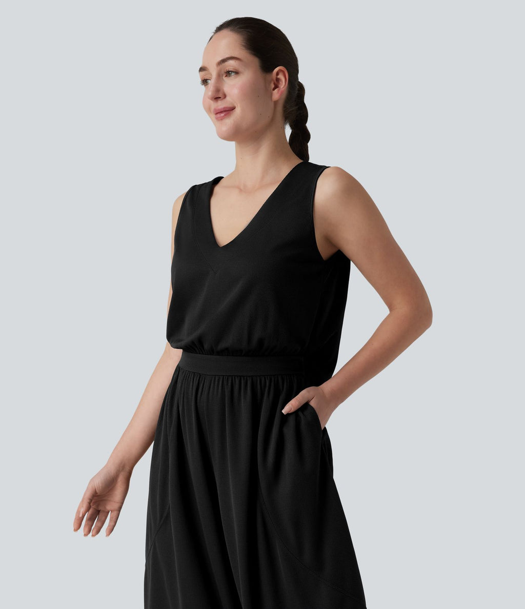 Combinaison décontractée fluide en tissu gaufré col V avec poches, Édition Easy Peasy