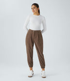 Pantalon décontracté en velours côtelé avec taille mi-haute, boutons et fermeture éclair