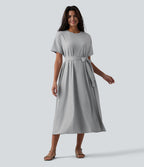 Robe T-shirt casual midi fluide col rond manches courtes avec ceinture et poches