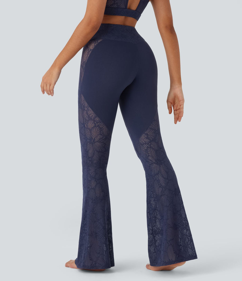 Pantalon de yoga évasé à taille haute croisée, poche arrière et dentelle