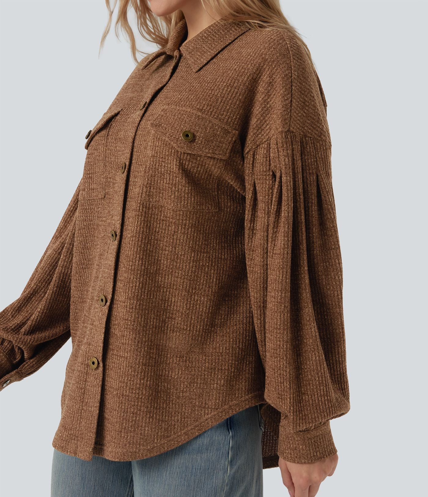 Veste décontractée maille gaufré manches longues ourlet arrondi avec poches