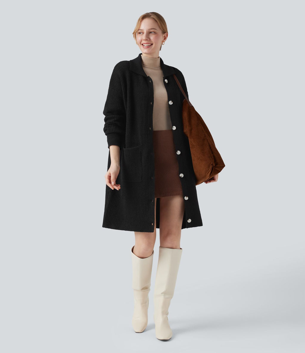 Gilet long casual col manches longues boutonné avec poches