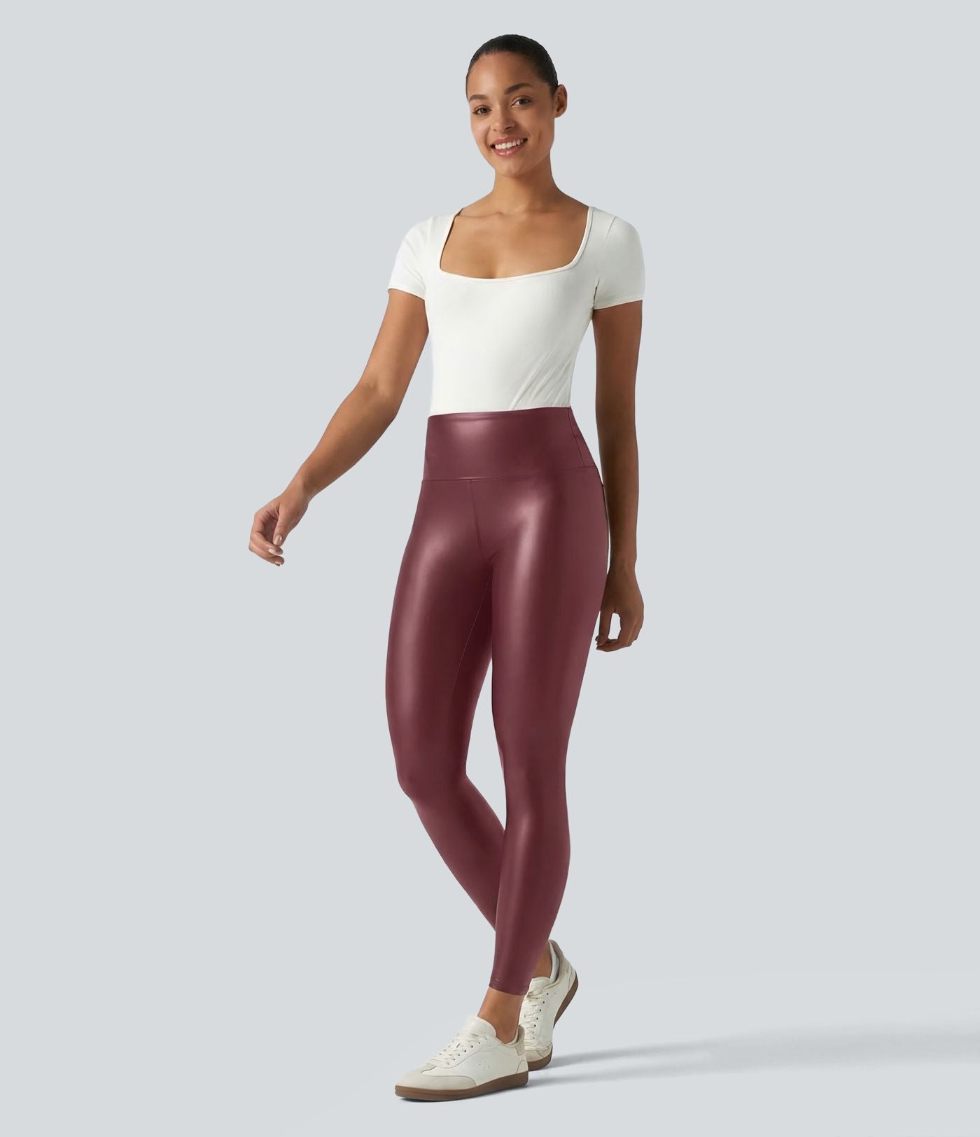 Legging casual 7/8 taille haute ventre plat en similicuir extensible, avec poches
