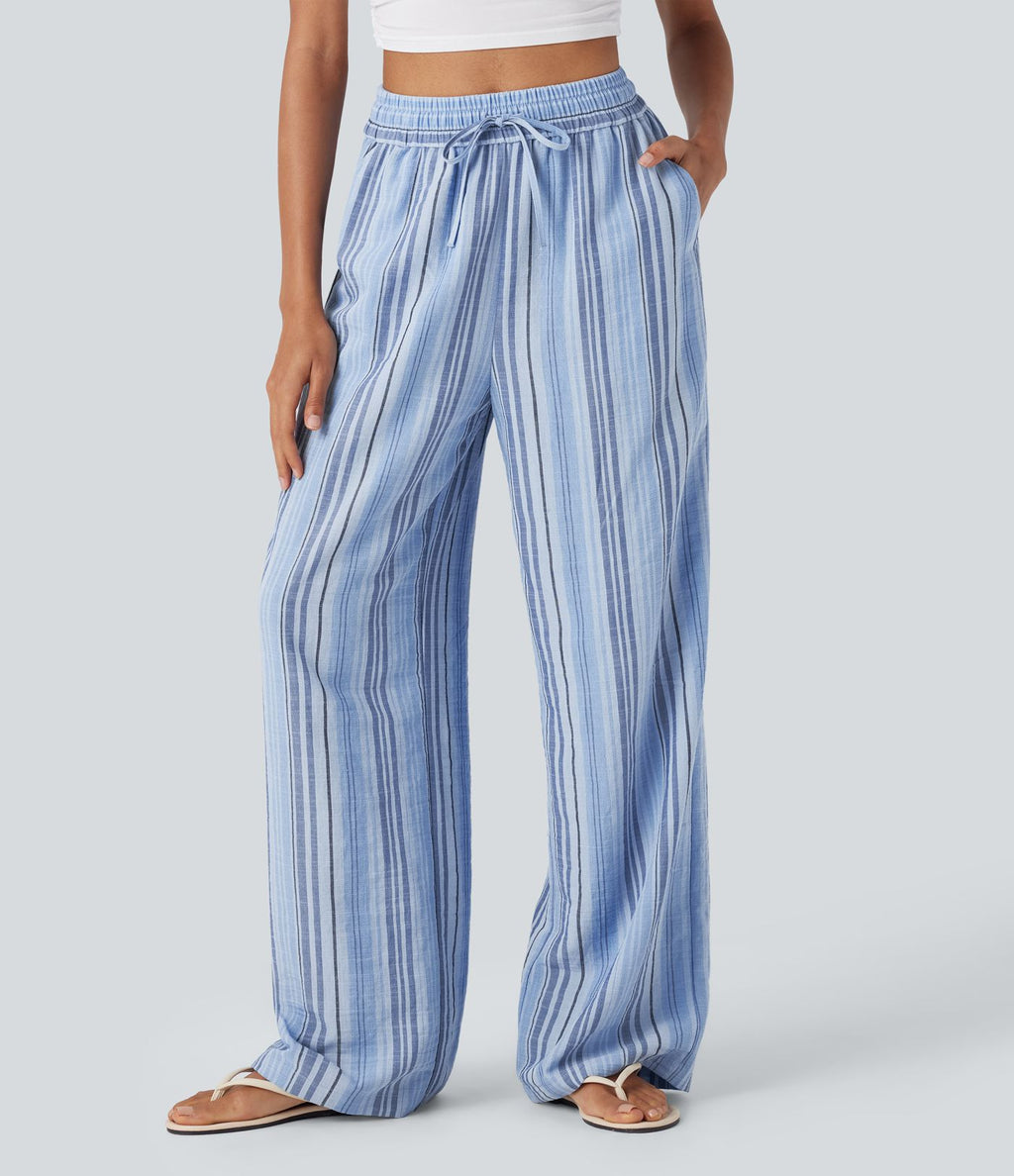 Pantalon large fluide taille haute avec cordon de serrage, rayures, aspect lin et poches latérales