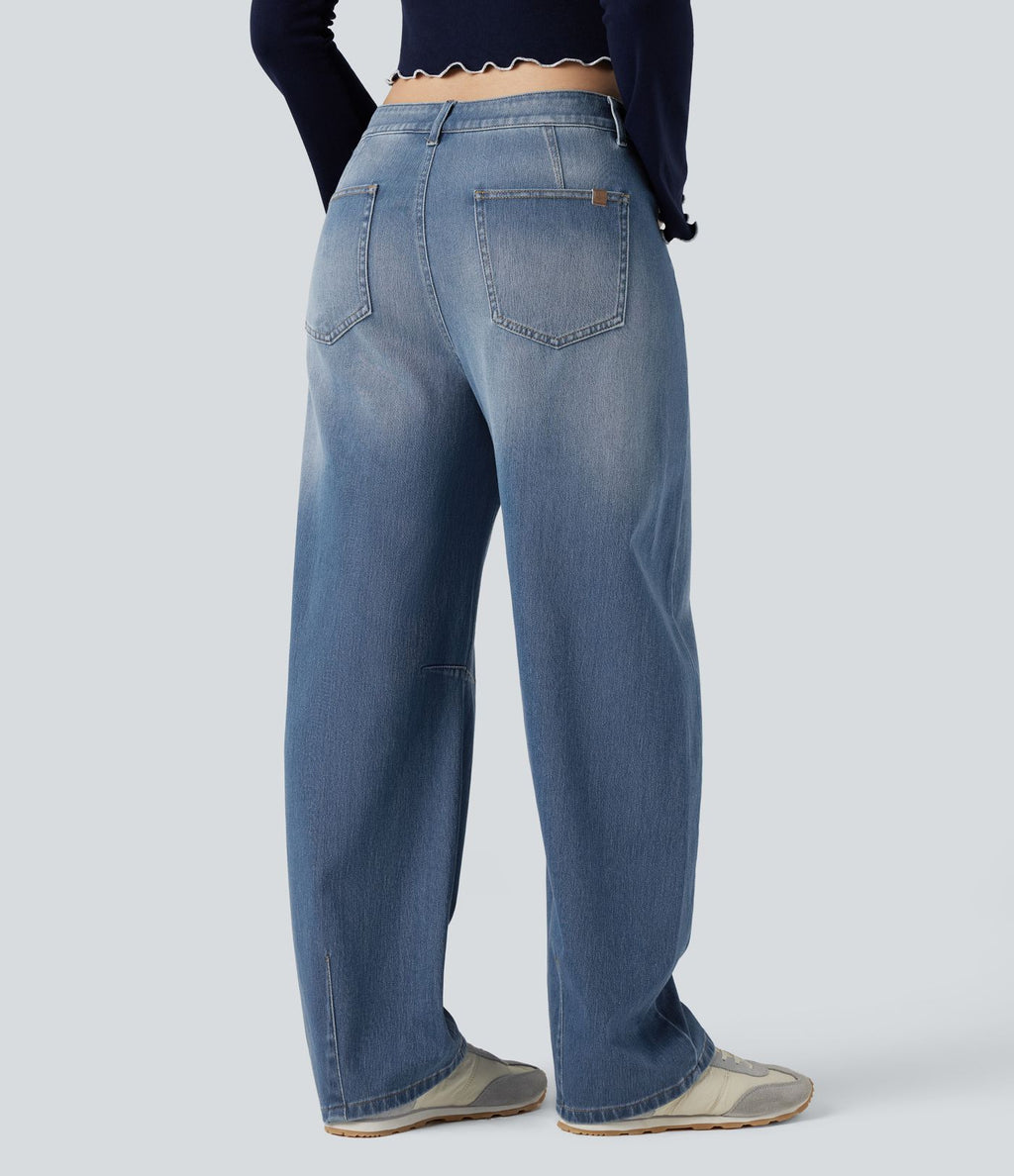 Jean Barrel Halara Flex™ asymétrique délavé taille mi-haute avec poches