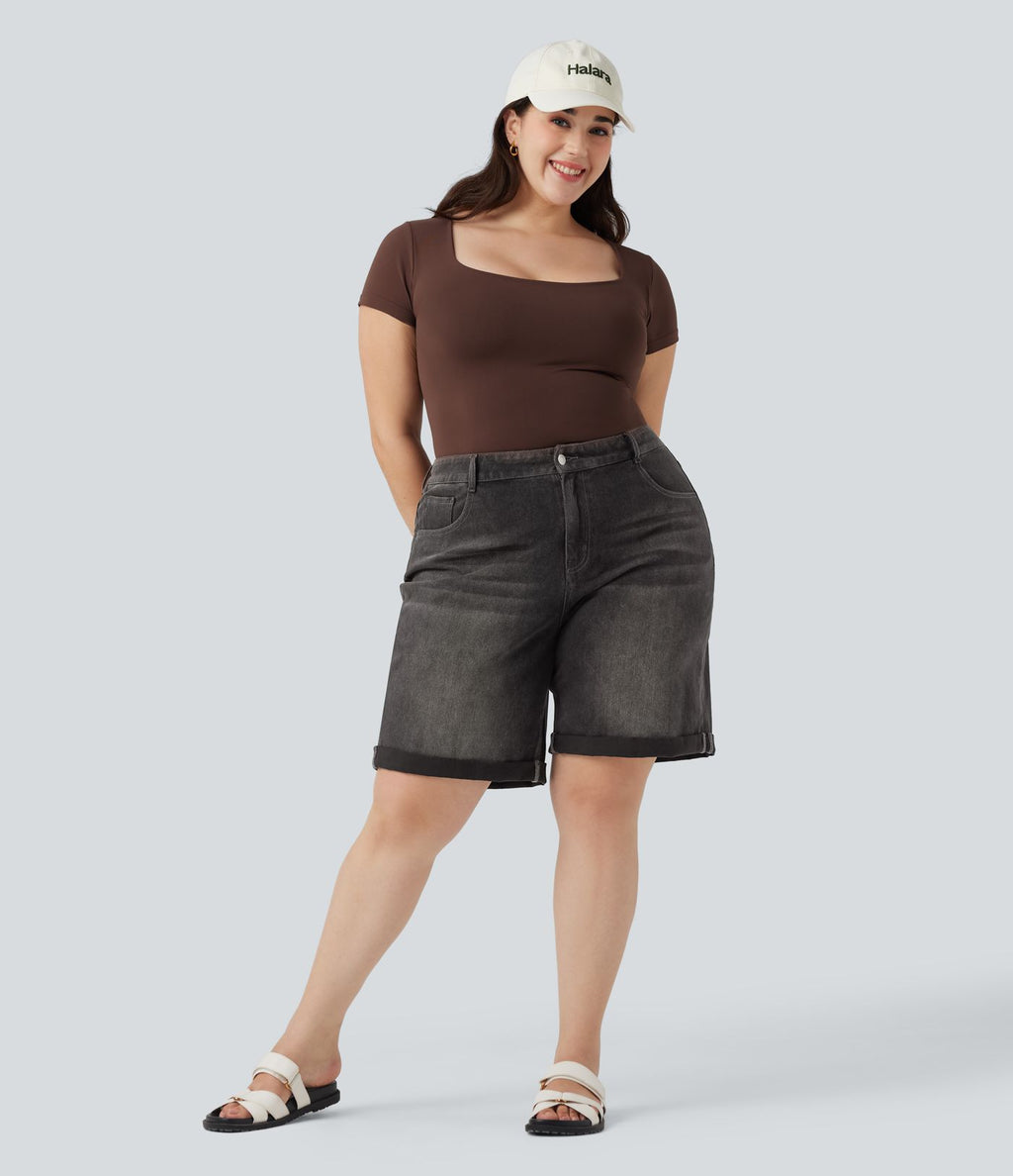 Short bermuda casual denim grande taille Halara Flex™ tricot extensible délavé taille haute multiples poches ourlet roulotté