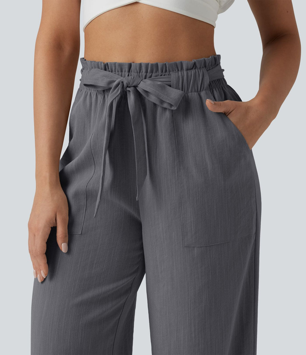 Pantalon décontracté effet lin taille haute, coupe droite, ceinturé avec finitions ondulées et poches