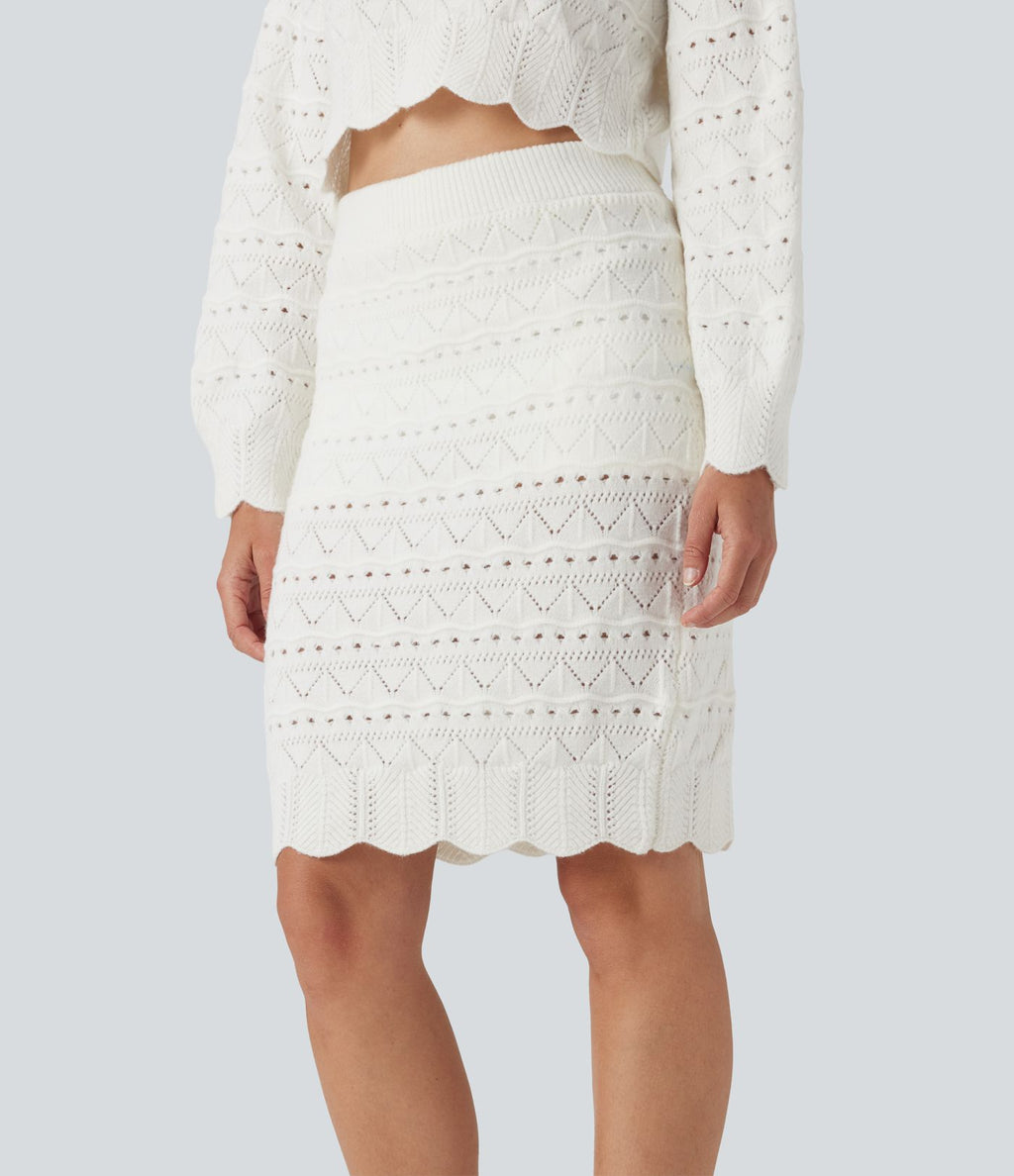 Jupe-pull décontractée 2-en-1 maille ajourée longueur genou taille haute avec poches
